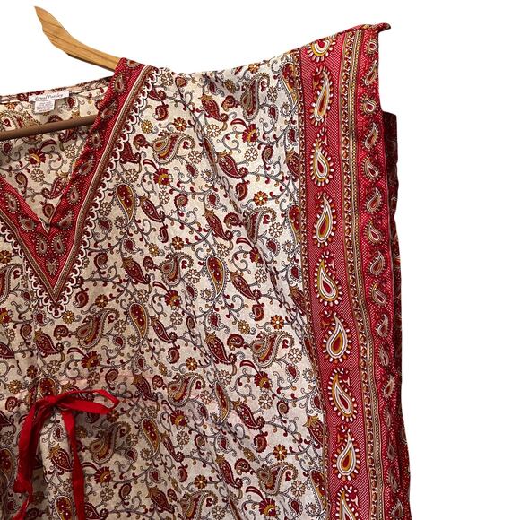 ROYAL PAISLEY Women's Kantha Style Kaftan Dress Red Cream Paisley Print One Size - Picture 4 of 9